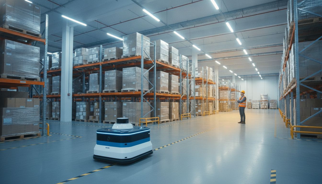 Industrial autonomous mobile robot navigating a modern warehouse with LiDAR sensors