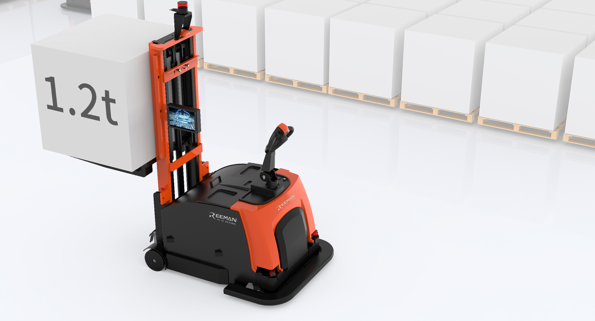 倉庫で1.2トンのパレットを2.5メートルの高さまで持ち上げるStackman 1200